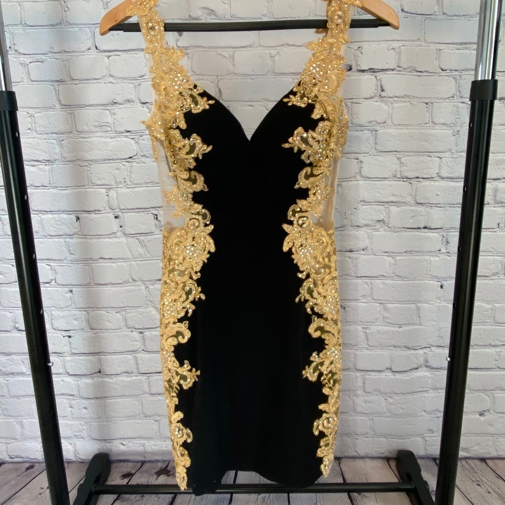 JOVANI black and gold mesh dress